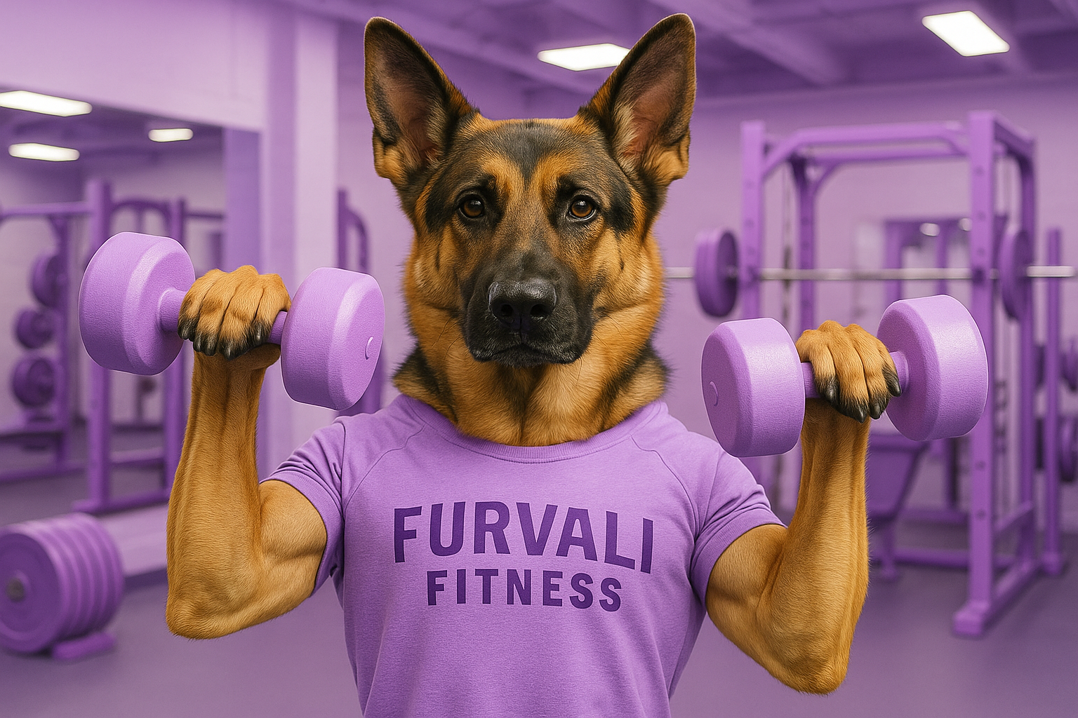 German Sheppard dog lifting weights in the gym. make the gym lavendar themed. with lavendar dumbells. make the shirt lavendar and make the shirt read " furvali fitness"