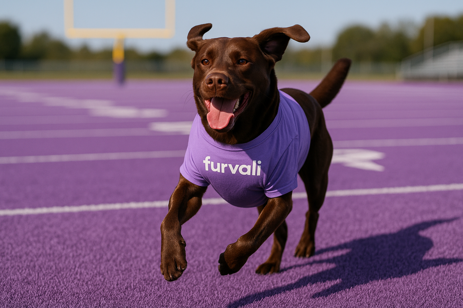 Give me a Brown labordor dog with a lavender shirt on that reads "furvali" across the Chest. running through on a lavendar turf football field