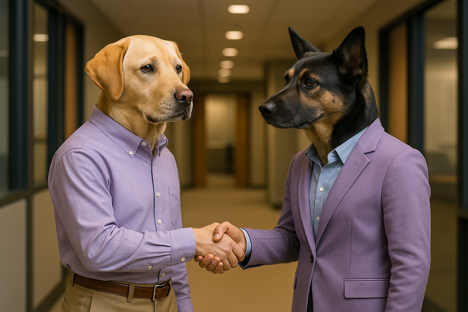 2dogs wearing lavender business casual outfits shaking hands like adults