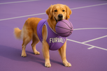 and Golden Retreiver dog standing on a lavendar basketball court while wearing a lavendar basketball jersey that reads "Furvali" across the chest while holding a lavendar basketball