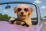 Dog driving lavendar car wearing lavendar sunglasses, 