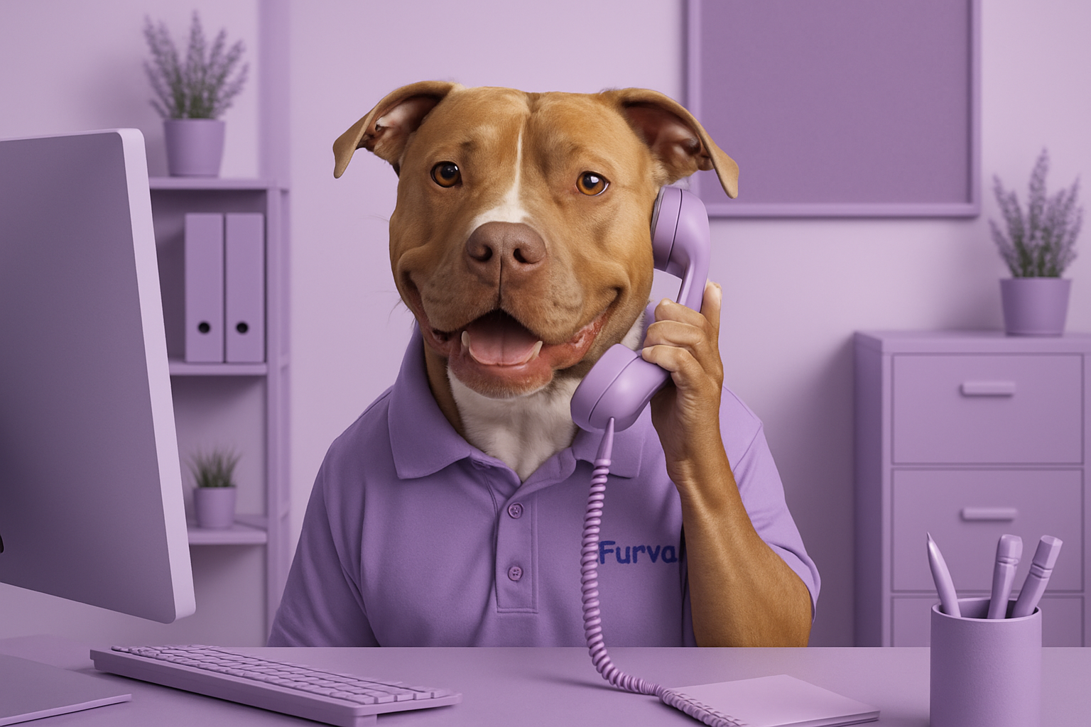 Give me a Pitbull talking on a lavender Phone with a work uniform polo the has reads "furvali" across the left side of its chest as if it works in customer service in a lavender themed office room. 