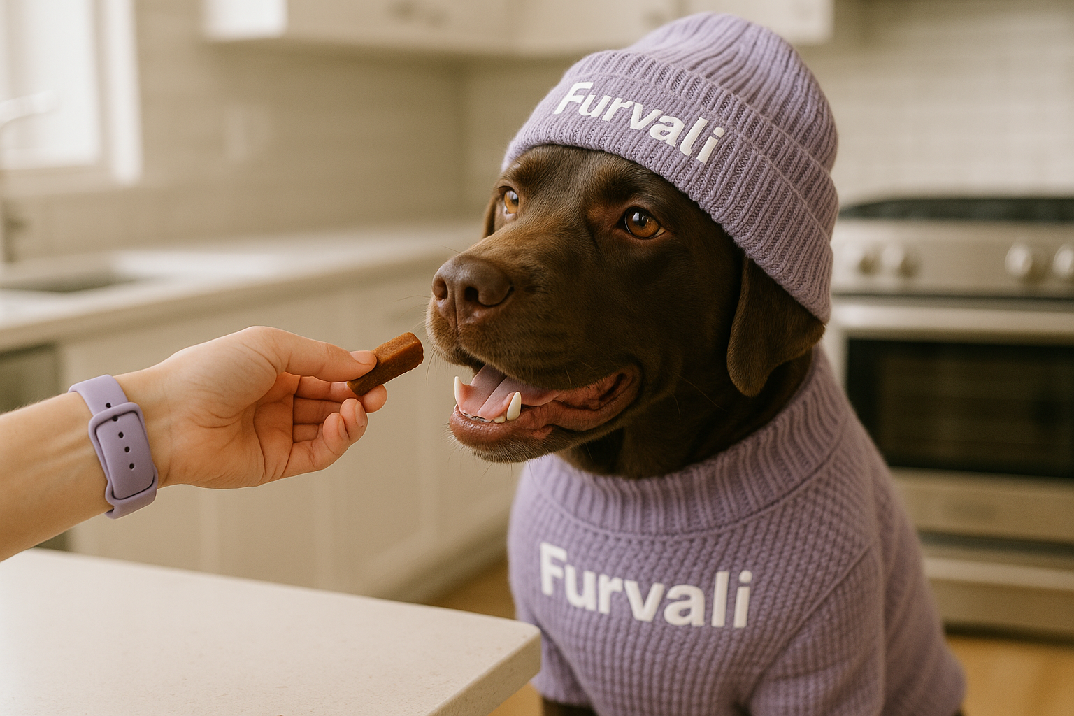 hand of a human wearing a lavender smart watch feeding a brown pet soft chew to brown labrador dog thats wearing a knitted lavender winter hat with the brand name "Furvali" labeled across the front of the hat and wear a knitted lavender sweater with the name "Furvali" reading across the chest in a modern kitchen setting. 