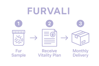 info graphic. furvali brand. lavender color theme. Step 1- Fur Sample / Step 2 receive Vitality plan / Step 3 Monthly delivery