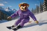 Labrador in a lavender themed Furvali snowboarding suit while snowboarding
