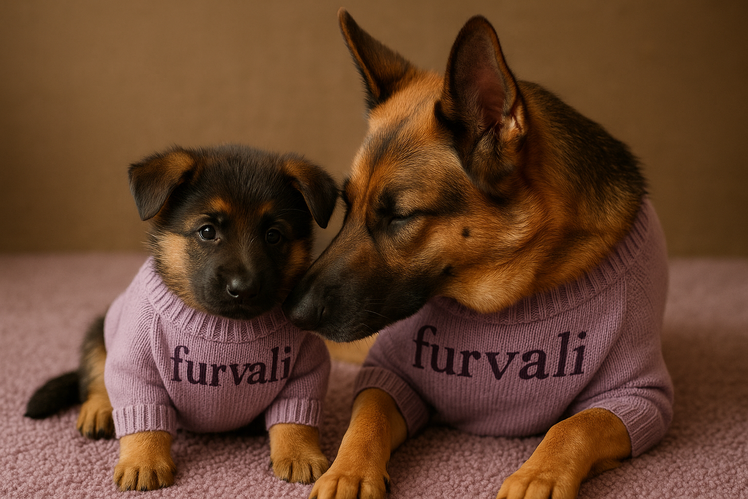 Mother German Sheppard bonding with German Sheppard puppy on a lavendar carpet wearing lavendar sweaters that read "furvali" across the chest